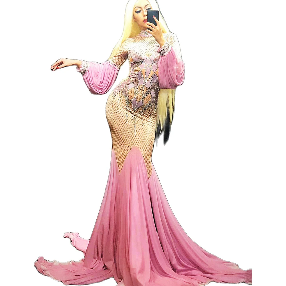 

Розовые блестящие платья стразы из газовой ткани «рыбий хвост» платье в клетку с рукавами-фонариками вечернее вечерние женские костюмы для...