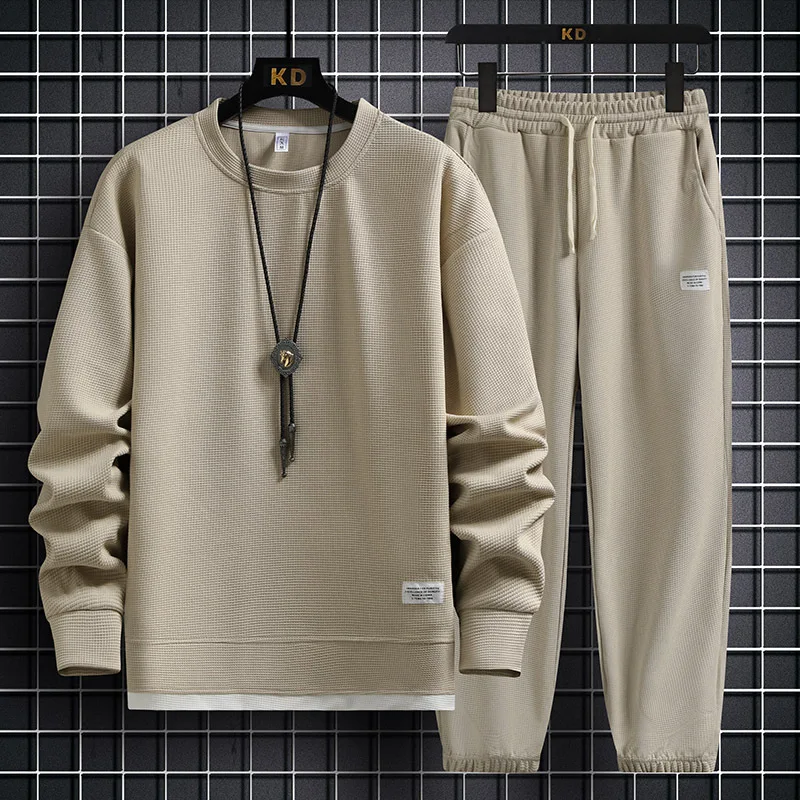 Spring 2023 New round Neck Waffle Sweater Suit Men's Loose Fashion Casual Pants Sports Two-Piece Long-Sleeved Trousers