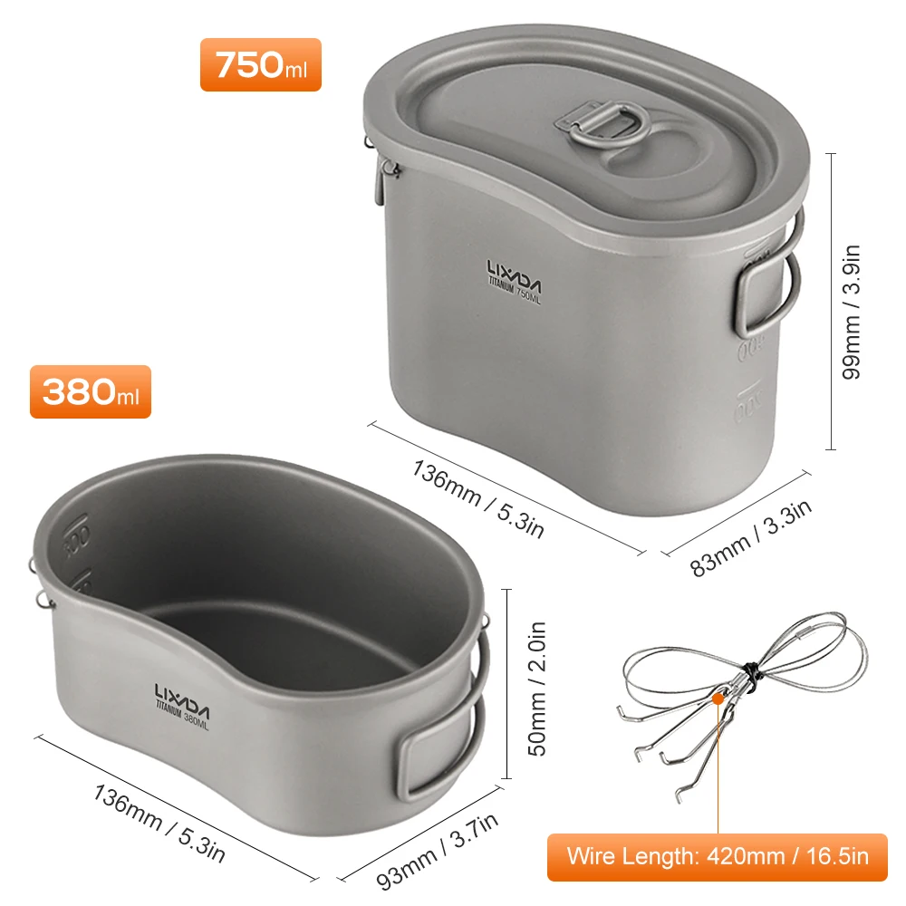 

Lixada 2022 New Camping Titanium Canteen Set 380ml 750ml Hanging Pot Tableware Outdoor Hiking Equipment Picnic Supplies Travel