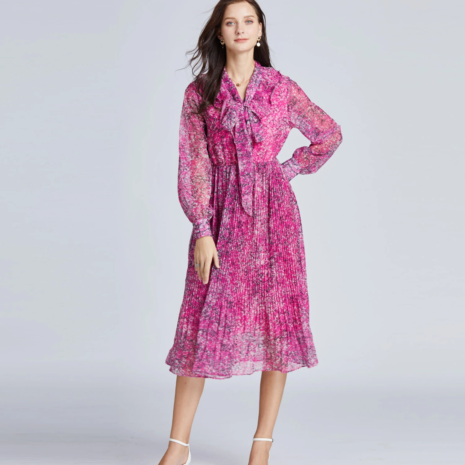 Spring and Autumn Women's Clothing Designer Retro Purple Floral Long-sleeved Chiffon Dress Bow Elastic Waist Pleated Long Skirt