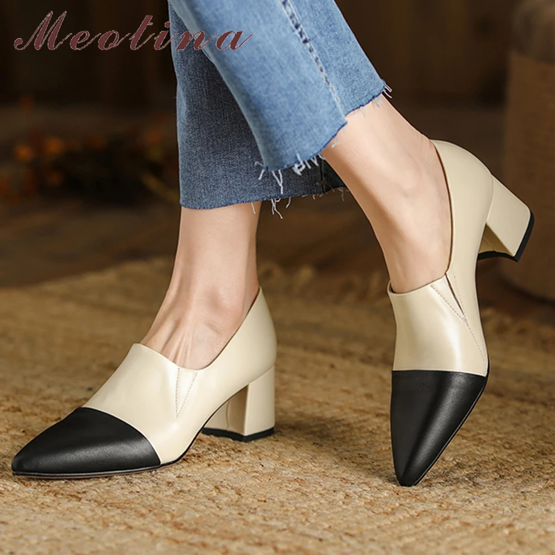 

Meotina Women Genuine Leather Pointed Toe Chunky High Heel Pumps Mixed Colors Concise Design Ladies Autumn Shoes Apricot 40