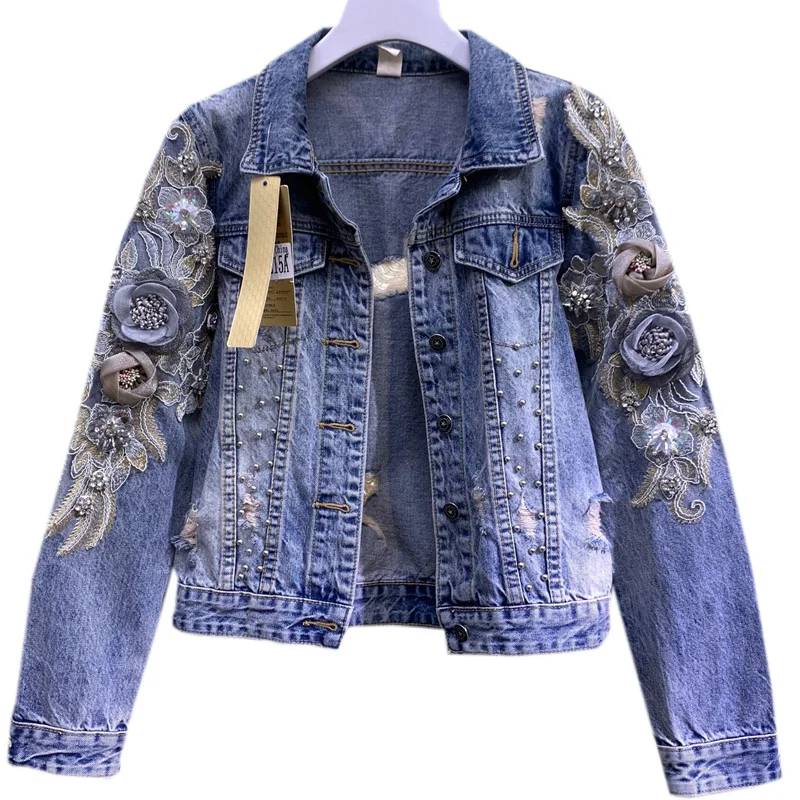 Denim Jacket Women's  2022 Spring Autumn Industrial Beads Embroidered Stereo Flowers Holes Jeans Coat Female Jacket Abrigo Mujer