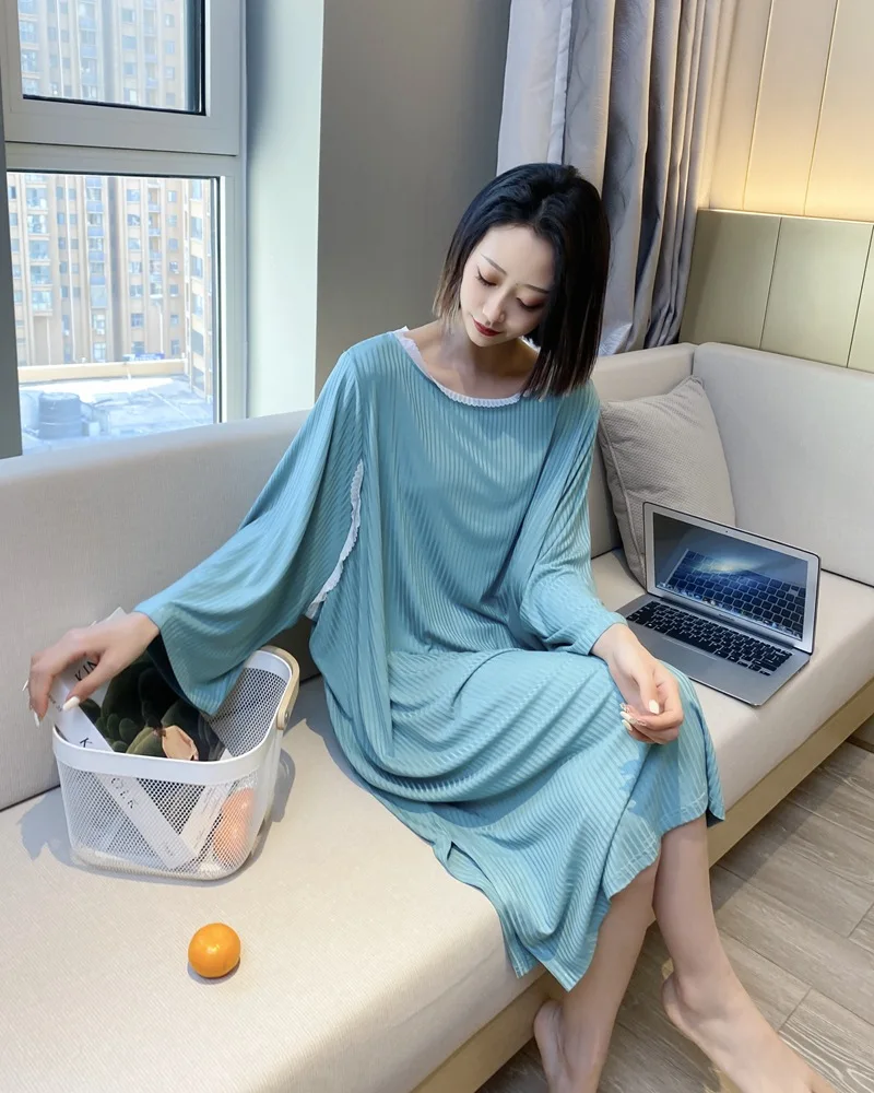 Fdfklak Viscose Night Dress Womens Sexy Sleepwear Female Spring Summer O-Neck Nighty Nightgown Lady Lone Size Nightwear