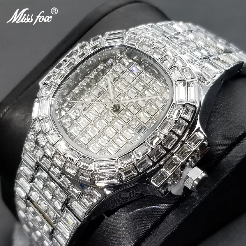 

MISSFOX Full Diamond Men Watch Iced Out Luxury Quartz Male Wristwatch Hip Hop Bling Waterproof Automatic Watches Dropshipping