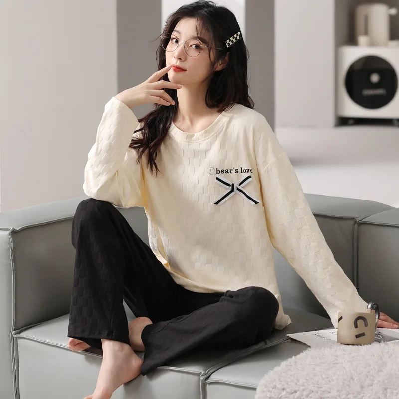 Yasuk Spring Autumn Women's Casual Soft Sleepwear Homewear Couple Pajamas Set With Pants Cotton Simple Solid Bow Unisex