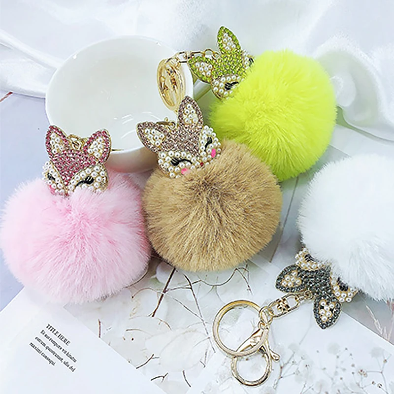

Cute Mini Fox Pendant Keychains For Women Girls Fluffy Fur Key Ring Chains Pompom Ball Rhinestone Car Keyring Holder Charm Bag