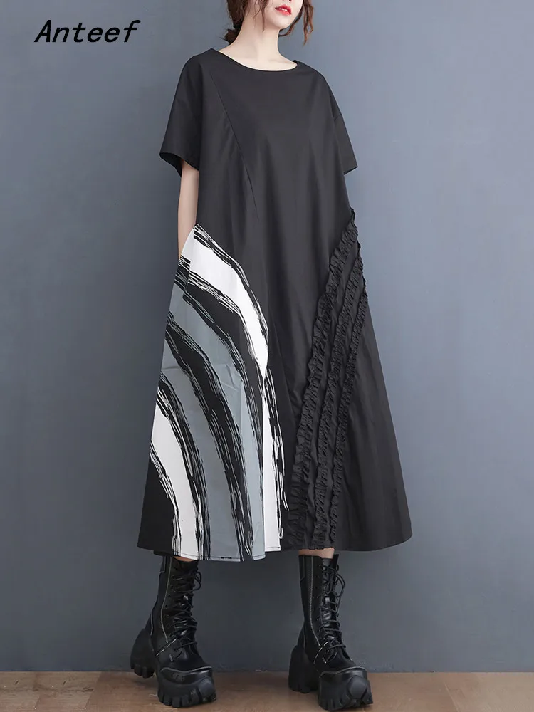 

Женское винтажное платье из хлопка с коротким рукавом и цветочным принтом, повседневное Свободное длинное летнее платье, элегантная одежда 2022