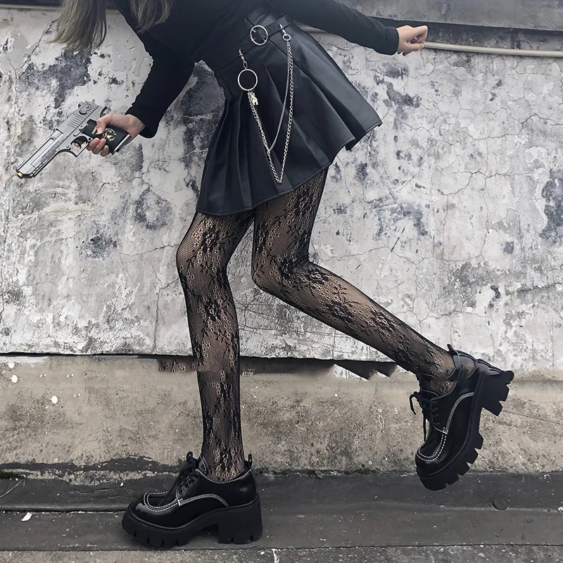 Women Gothic Tights Pantyhose Japanese Black Retro Rose Flower Vine Fishnet Lace Trousers Little Love Bottoming Stockings