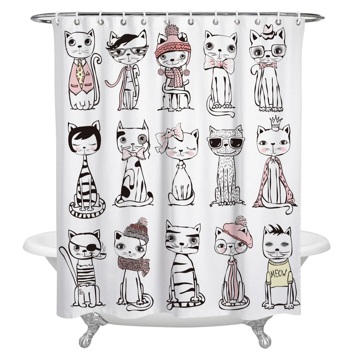 

Cartoon Cat Kitty Shower Curtains for Bathroom Waterproof Fabric Bath Curtain with Hooks Waterproof Bath Screen