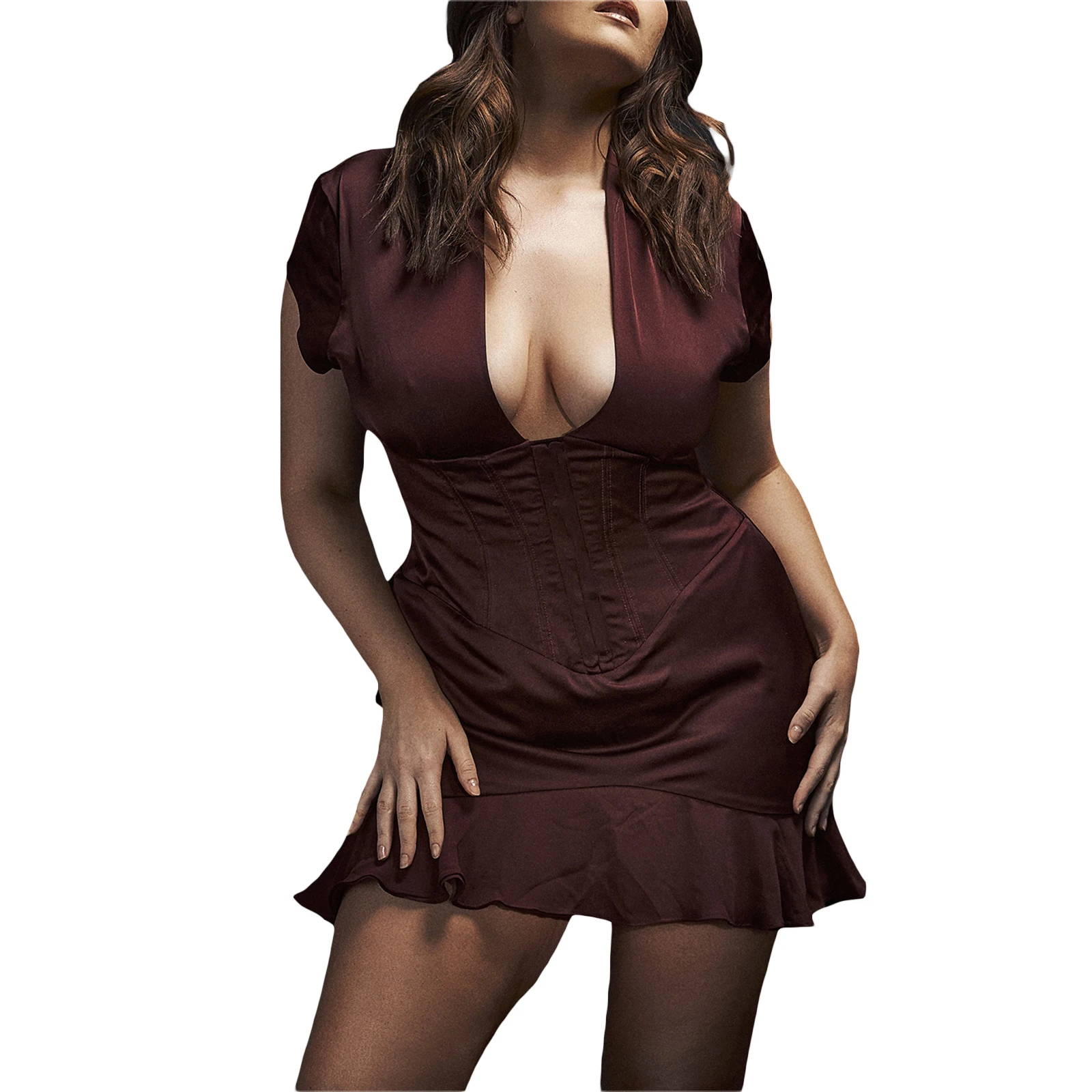 

Элегантное женское платье, женское платье-корсет с коротким рукавом, повседневное однотонное вечернее платье с оборками на Подоле и V-образ...