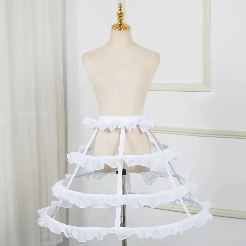 

Women's 3 Hoops White Victorian Dress with 3 Ruffles Short Petticoat Hollow Cage Pannier Skirt Bustle Underskirt