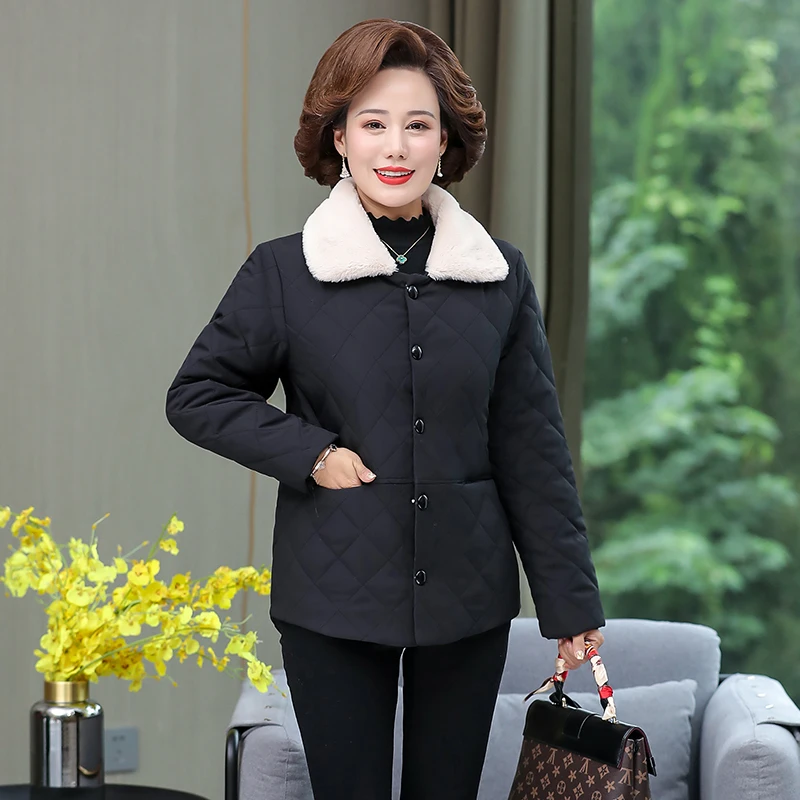 2022 Autumn winter quilted jacket Warm Lambswool lapel Parkas Middle Age Women Cotton-padded Tops Mother Slim Cotton coat