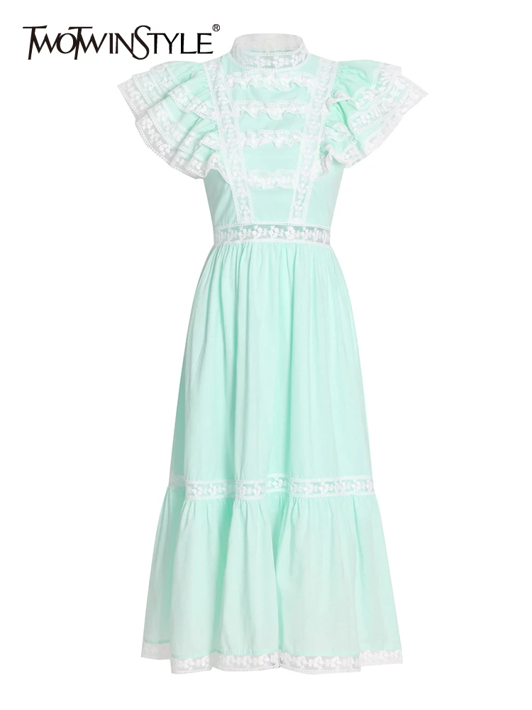 

TWOTWINSTYLE Casual Colorblock Dress For Women Stand Collar Short Sleeve High Waist Patchwork Embroidery Dresses Female Clothing