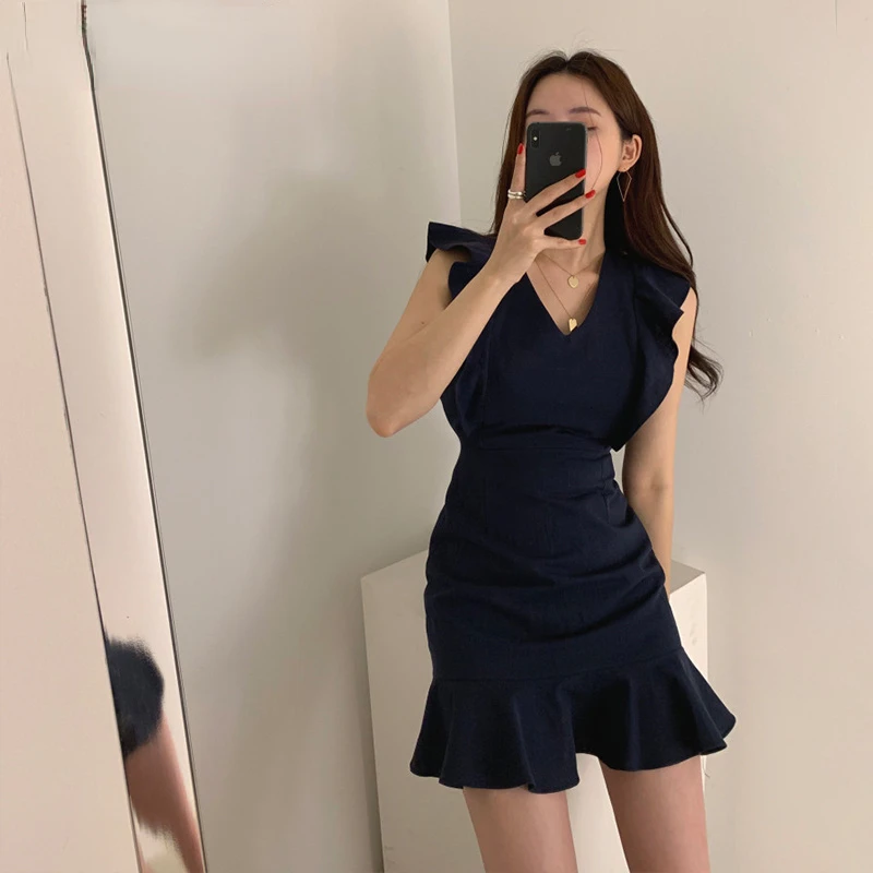 

Модное летнее платье, женские корейские официальные шикарные платья с оборками и V-образным вырезом, короткие платья с юбкой-годе на шнуровк...