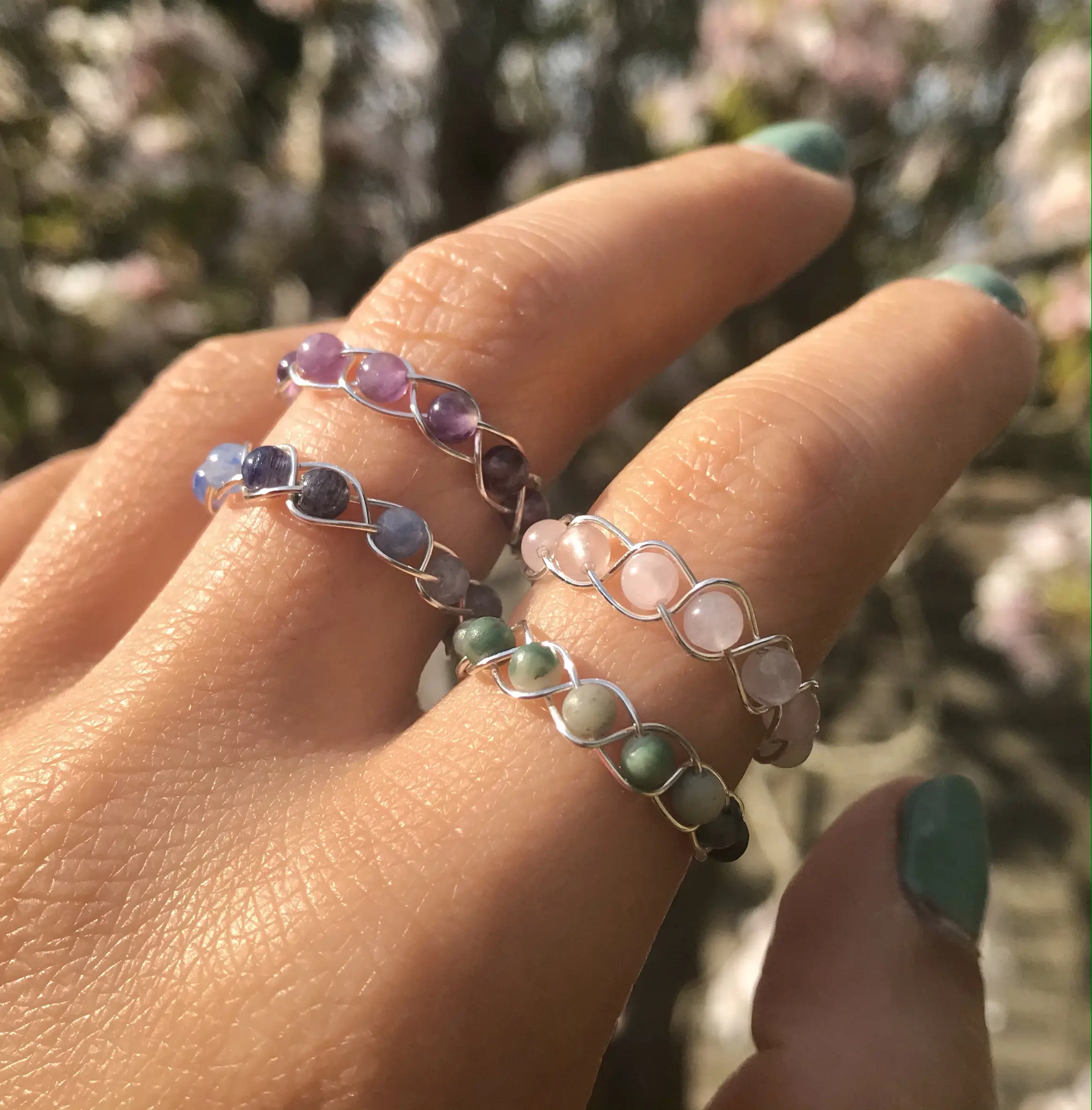 

Natural Stone Rings for Women Crystal Gemstone Wire Wrapped Handmade Ring Raw Natural Amethyst Rose Quartz Healing Braided