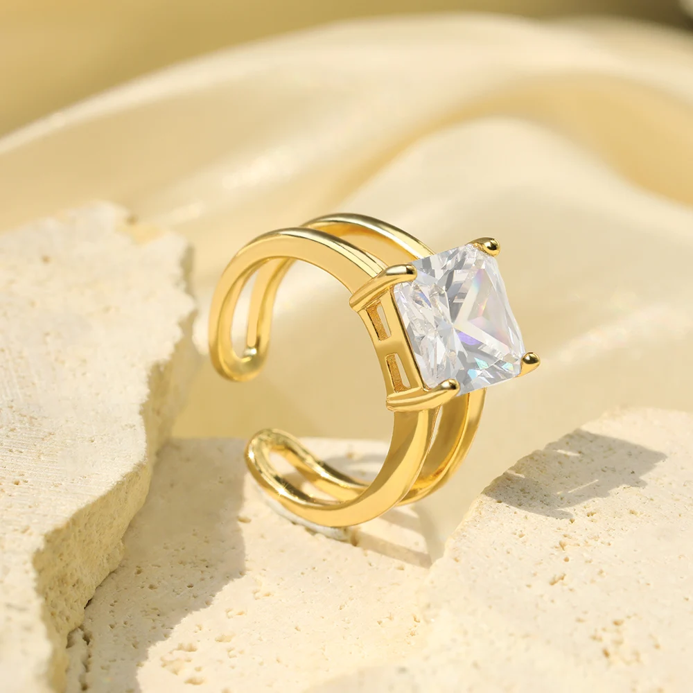 

Luxury Crystal Gold Color Stainless Steel Rings Charm Square Zircon Jewelry Women's Rings With Adjustable Opening Colorproof