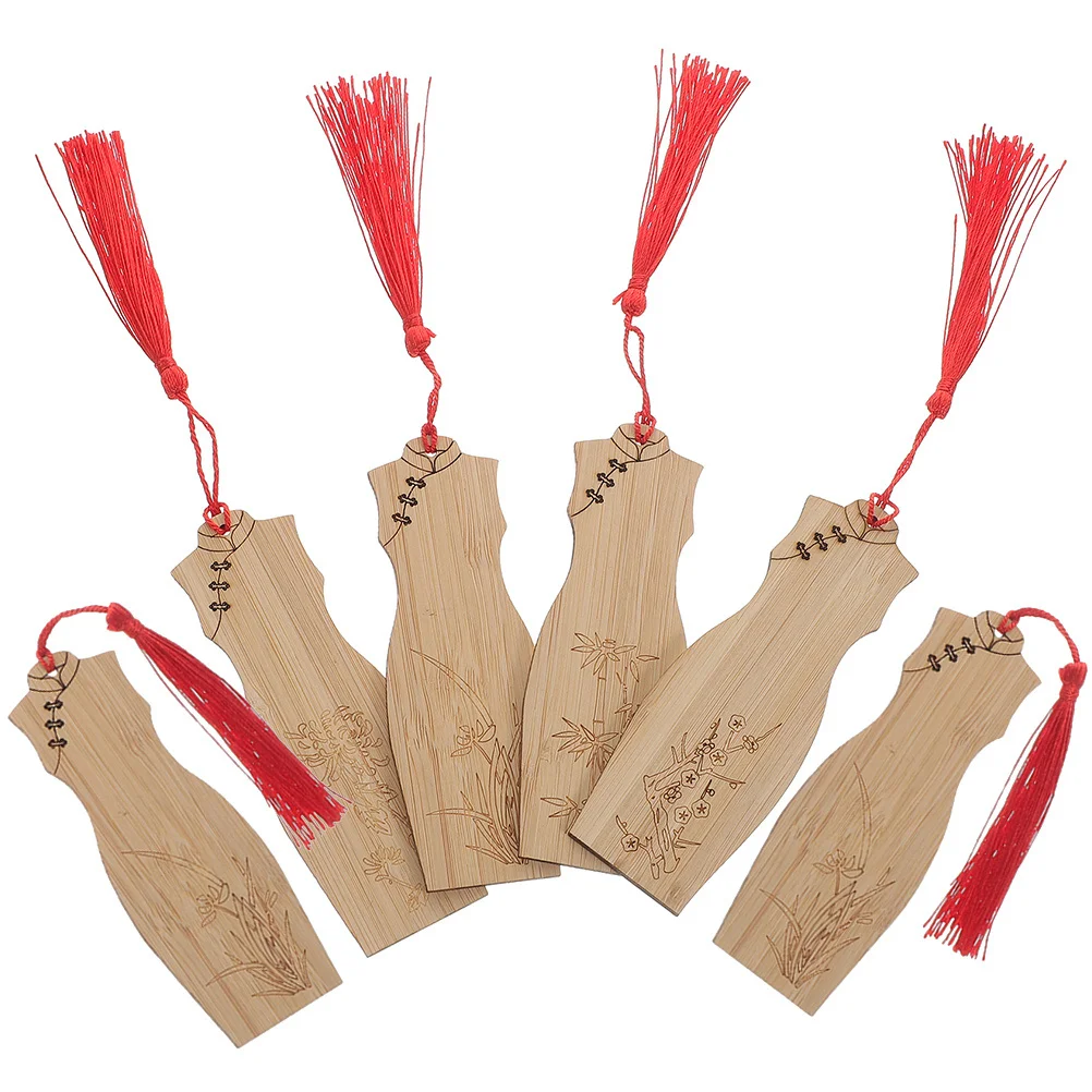 

6 Pcs Bookmarks With Tassels Cheongsam Bamboo Bookmark Carved Labels Paper Markers Gift Decorative Tag Retro Girl Festival Tags