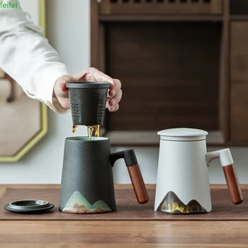 mountain design ceramic tea mugs with filter ceramic coffee cup chinese tea cup 400ml