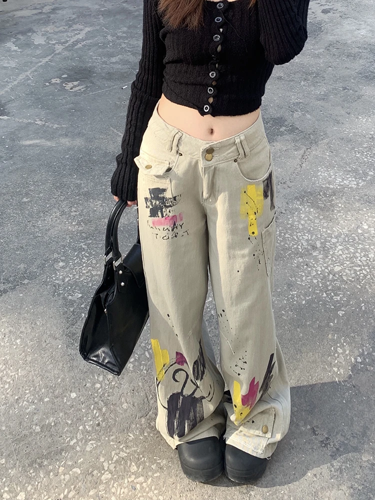 WCFCX STUDIO винтажные джинсы с принтом граффити высокой талией свободные широкие