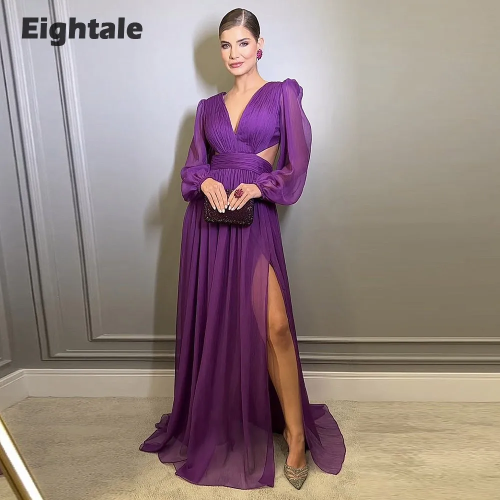

Eightale Simple Evening Dress V-Neck Long Sleeves Chiffon Pleats Formal A-Line Cut Out Prom Party Gowns Arabic Robes De Soirée