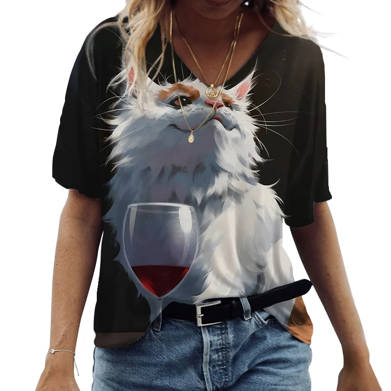 

Creativity Wine Glass Cat T Shirt Trendy Street Women Casual Loose Shirt Oversize Summer 2022 Short Sleeve V-Neck Ladies Top Tee