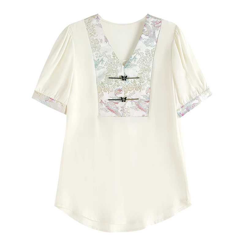 Женская шифоновая блузка с коротким рукавом V-образным вырезом и вышивкой