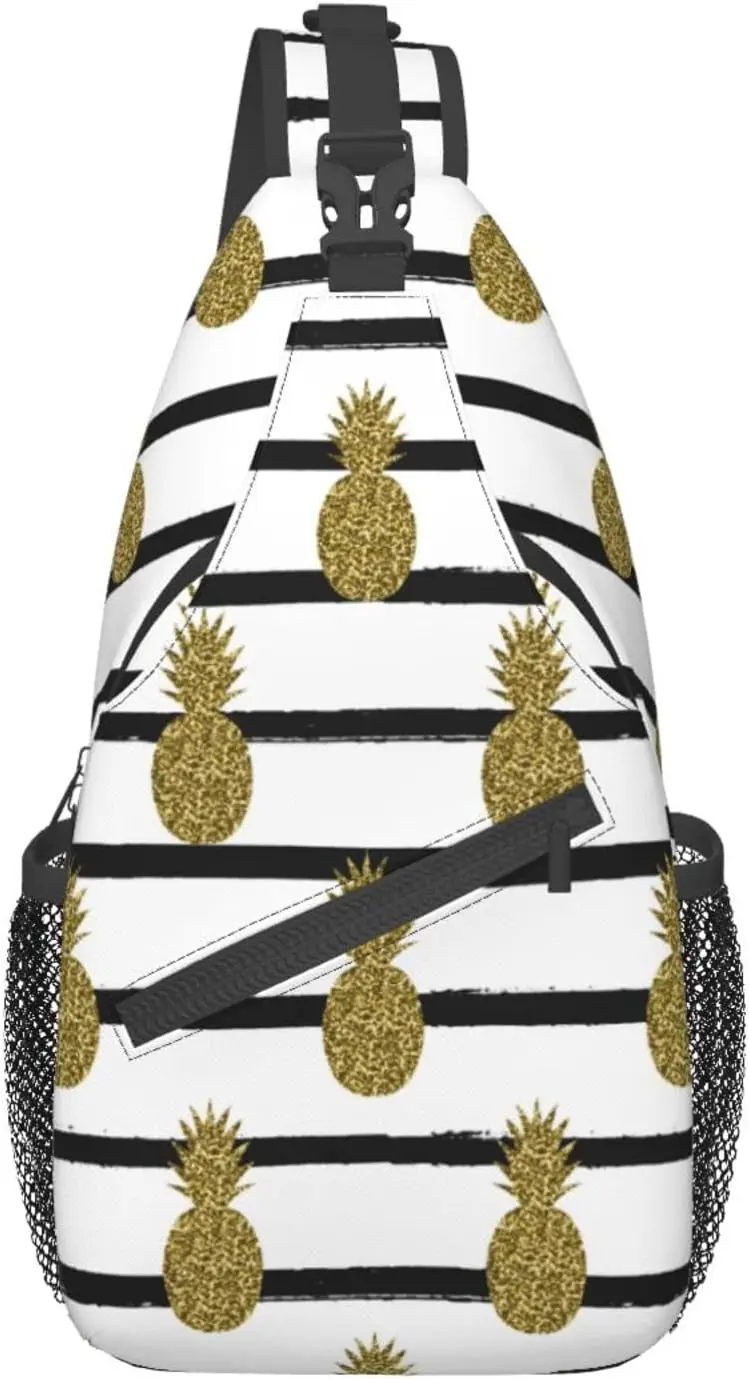 

Pineapple Sling Bag Crossbody Shoulder Backpack Seamless Pineapples In Gold Glitter on Black White Striped Background Chest Bag