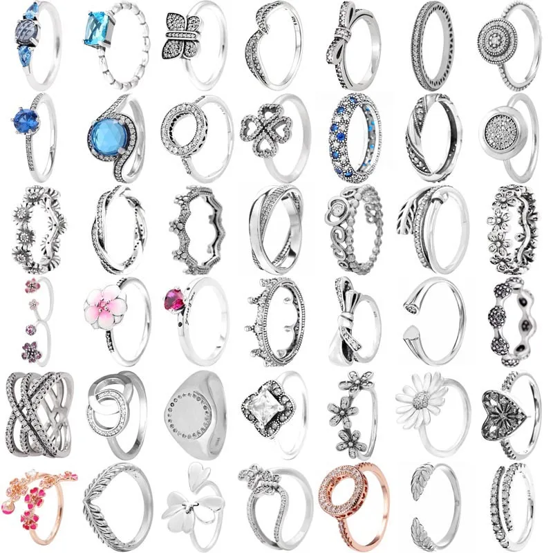 925 Sterling Silver Ring Peach Blossom Entwined Ribbon Frost Stackable Love Hearts Butterfly For Europe DIY Jewelry