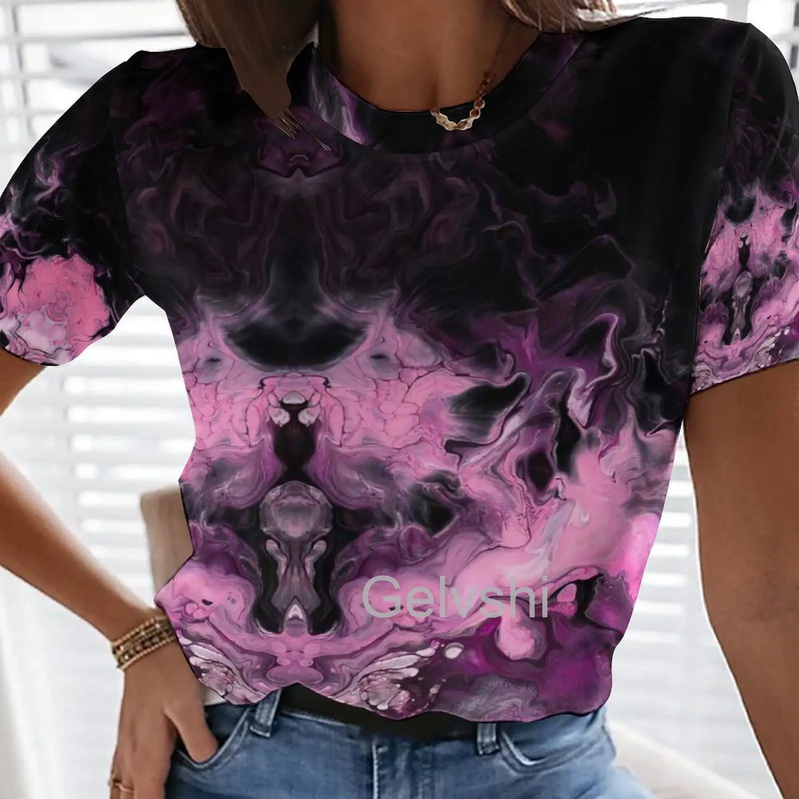 

Irregular Pattern Gradient Style T-shirts Aesthetic 3d Printing Tshirt Women Round Neck Loose y2k Blouses Lady Oversized T Shirt