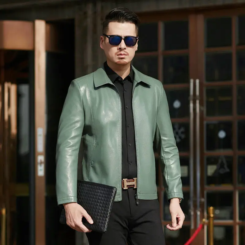 Мужская кожаная куртка с коротким отворотом коричневая Повседневная Деловая из