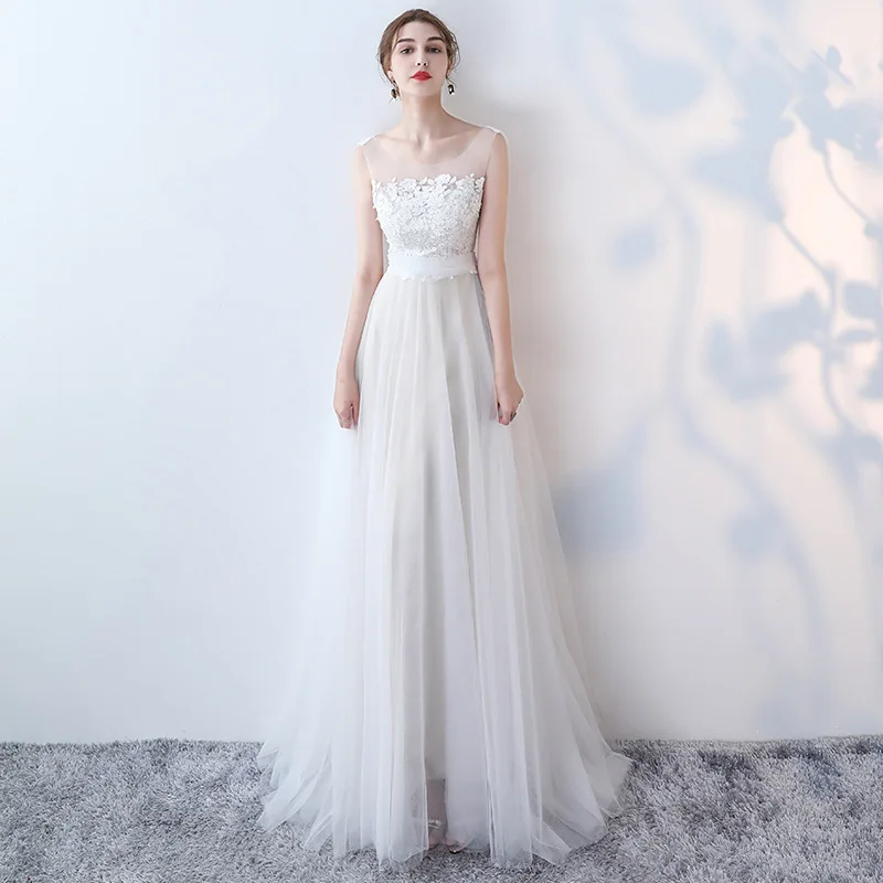 

2022 White Long Wedding Dresses Appliques Illusion Lace Sleeveless Tulle Vestido Princess Woman Party Dress Bridal Formal Gown