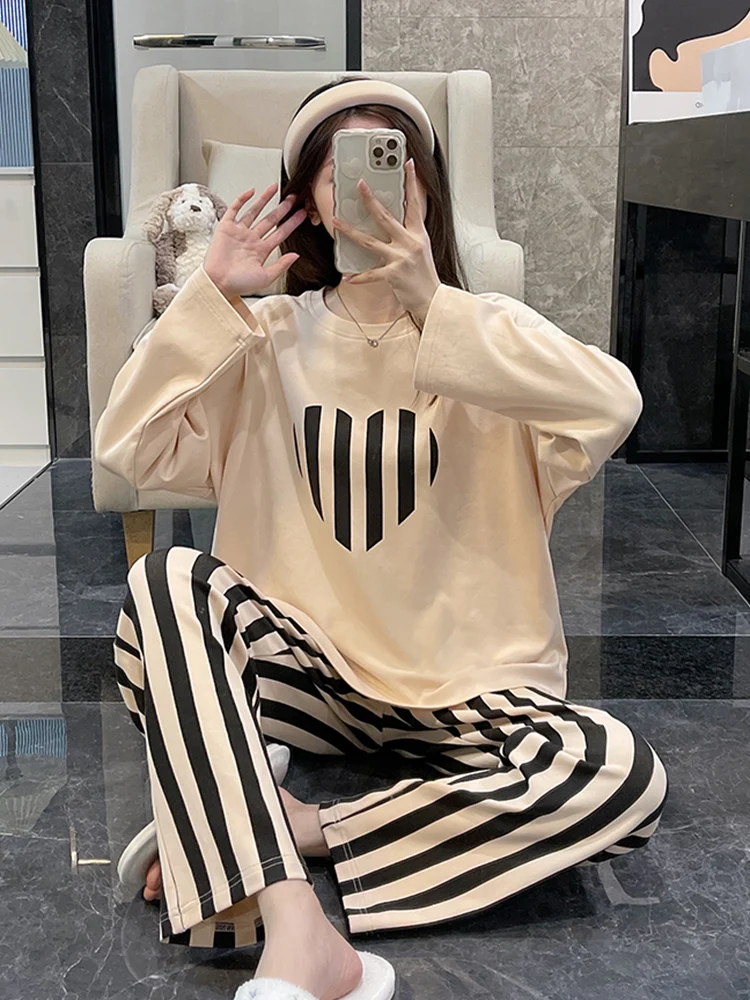 Pajamas Women Autumn and Winter Pure Cotton Long sleeve New Spring Summer Cute Set Plus size Student Hom...