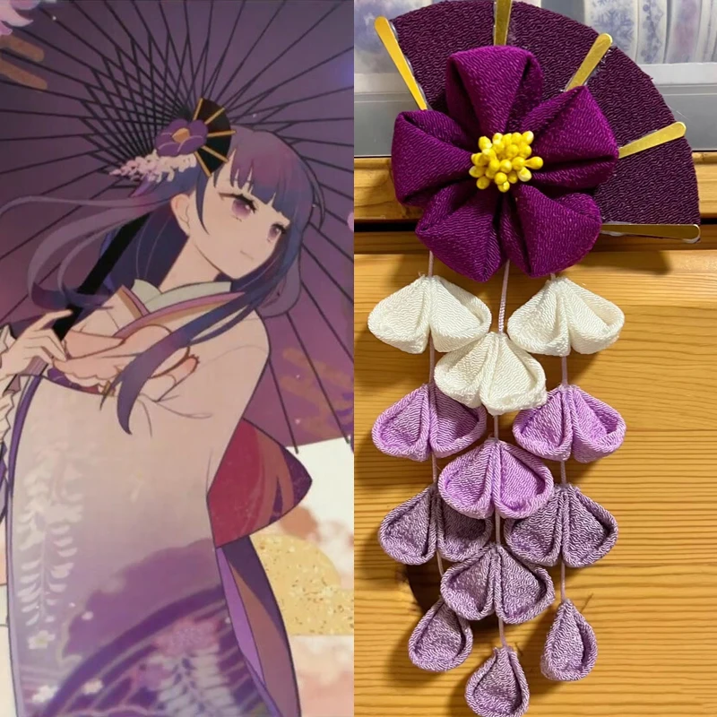 

Anime Genshin Impact Raiden Shogun Hair Clips Flower Japan Kimono Hairpin Cosplay Costume Headwear Hair Clip Props Accessories