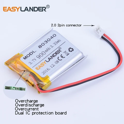 3 шт./лот 3,7 В 900 мАч 803040   JST2.0 Перезаряжаемая литий-ионная полимерная батарея 2p