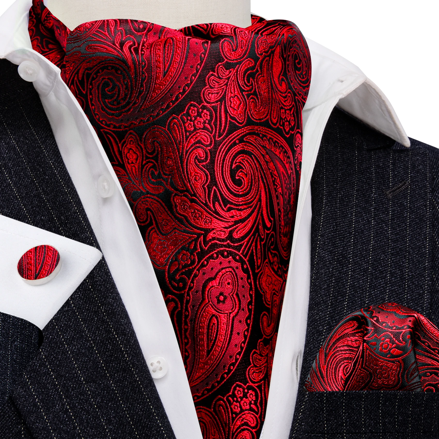 

Classic Red Men Ascoat Tie For Men Fashion Silk Paisley Cravat Handkerchief Cufflinks Set Formal Wedding Party Barry.Wang SA-003