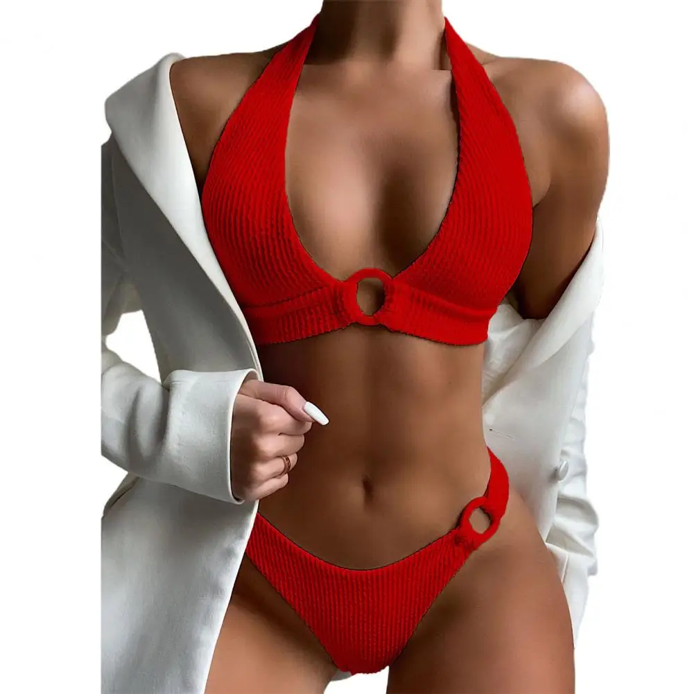 

Swimwear Women 2022 Adjustable Lace-up Round Ring Sexy Bikini Solid Color Halter Wrinkled Bra Mid Waist Briefs Bathing Suit Swim