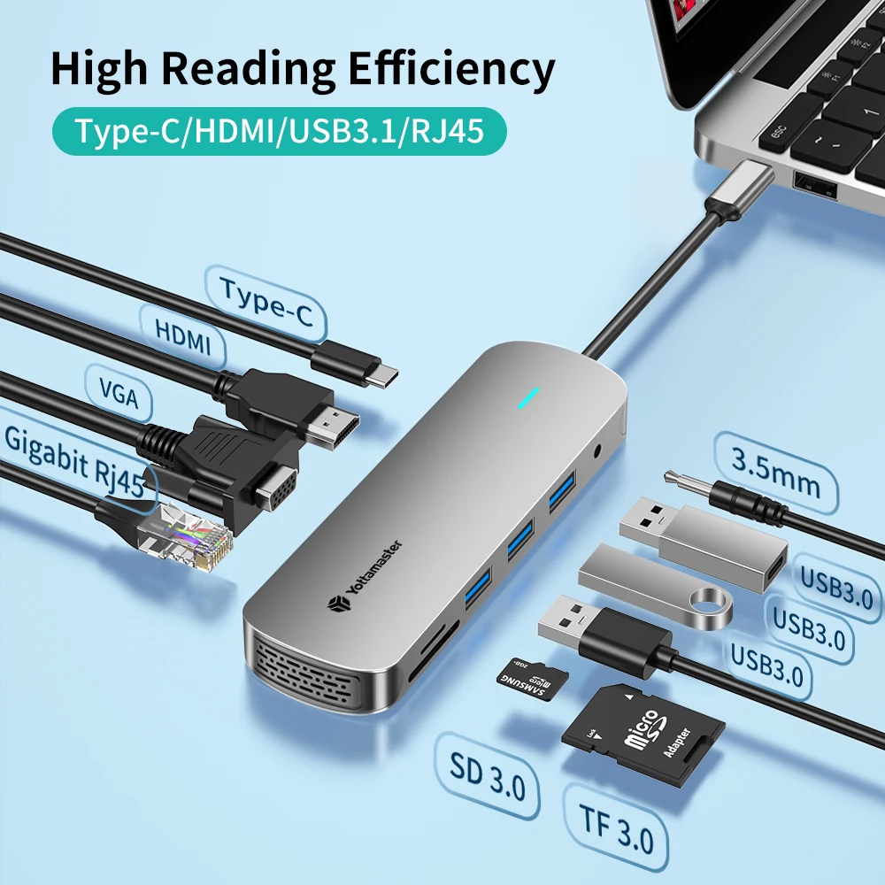 Yottamaster PD100W Type-C HDMI/VGA USB HUB to 5Gbps USB3.1/RJ45/ SD/TF Case Multi-Fonction Docking Station for MacBook Ipad Pro - купить по