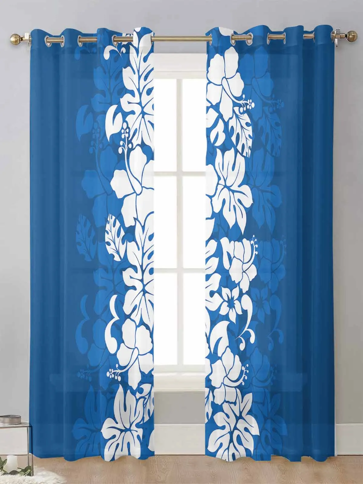 

Hawaiian Tropical Flower Blue Sheer Curtains For Living Room Window Transparent Voile Tulle Curtain Cortinas Drapes Home Decor