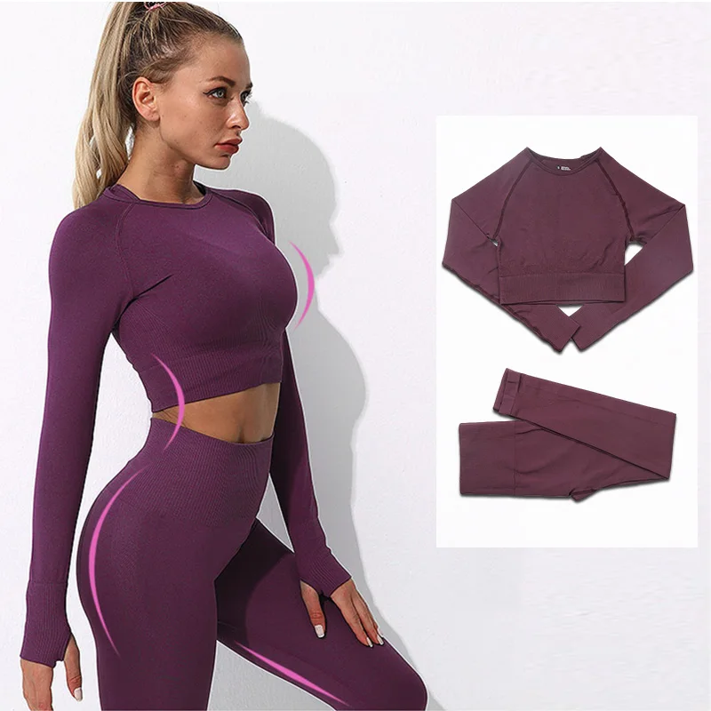 

Sport Wear Women Set Long Sleeve Crop Top Vital Seamless Leggings High Wiast Two Pieces Yoga Clothes Workout Gym Outfit Suit