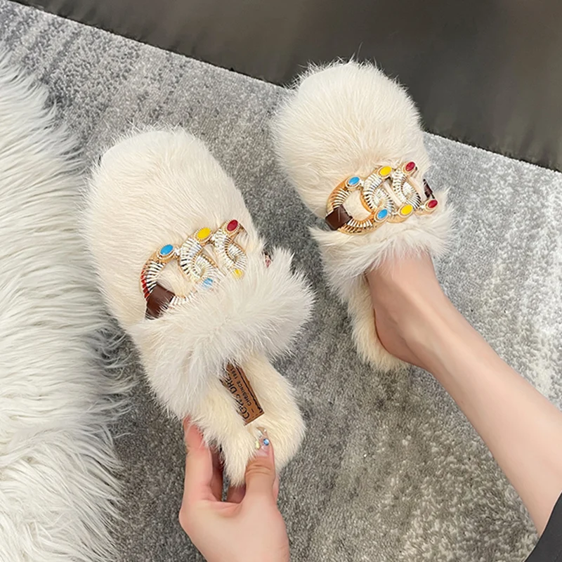 

Мюли женские на меху, плюшевые тапочки, сланцы, флок, накидка на носок, плоская подошва, резиновая Базовая короткая женская обувь, 2022