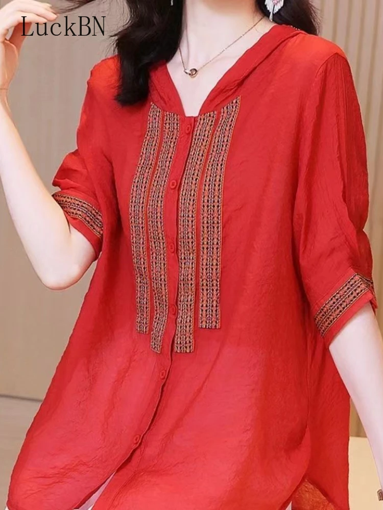 

Vintage Casual Fashion Solid Color Embroidery Patchwork Button Shirt Summer Hooded Half Sleeve Loose Tops Women's Clothing 2022