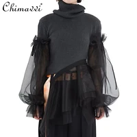 2022 spring new fashion turtleneck sweater women patchwork see through pullover lady organza ruffled long sleeves knitted jumper