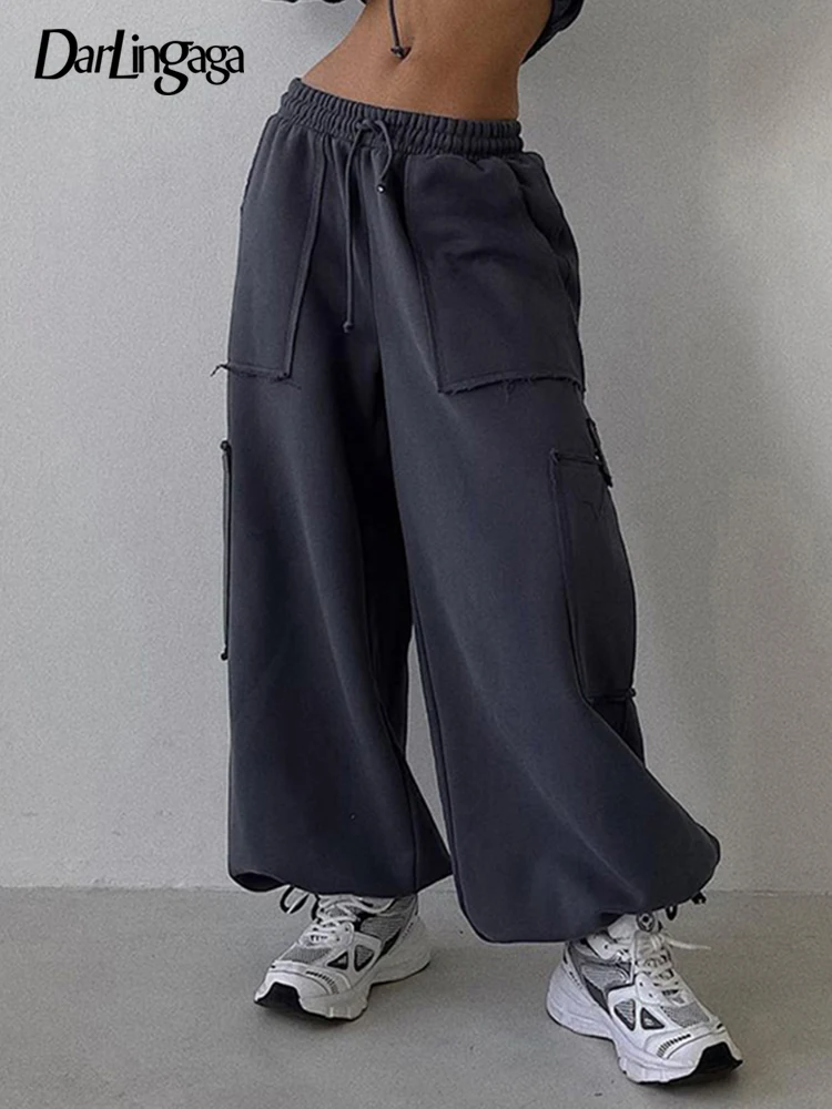 

Darlingaga Streetwear Stitching Drawstring Cargo Style Sweatpants Joggers Casual Loose Pockets Sporty Trousers Elastic Waist New