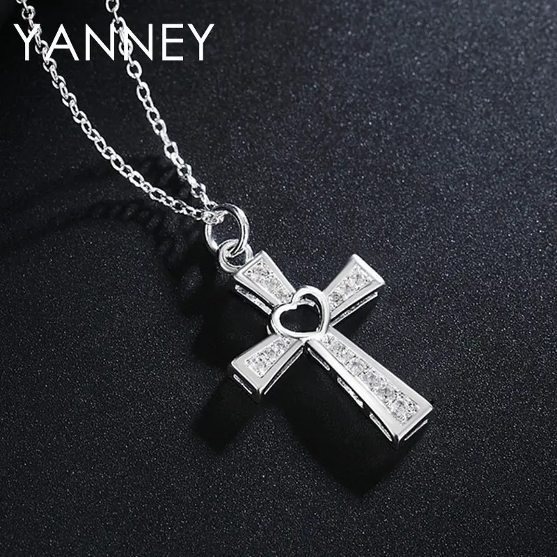

18 Inches 925 Sterling Silver High Quality Zircon Heart Cross Necklace For Women Fashion Wedding Party Jewelry