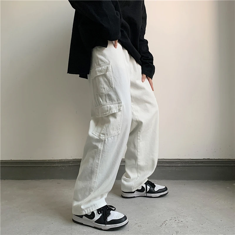 

Streetwear Women Pants Korean Retro Wide-leg Jeans Men and Women Hip-hop Niche Unisex Design Multi-pocket Straight Trousers
