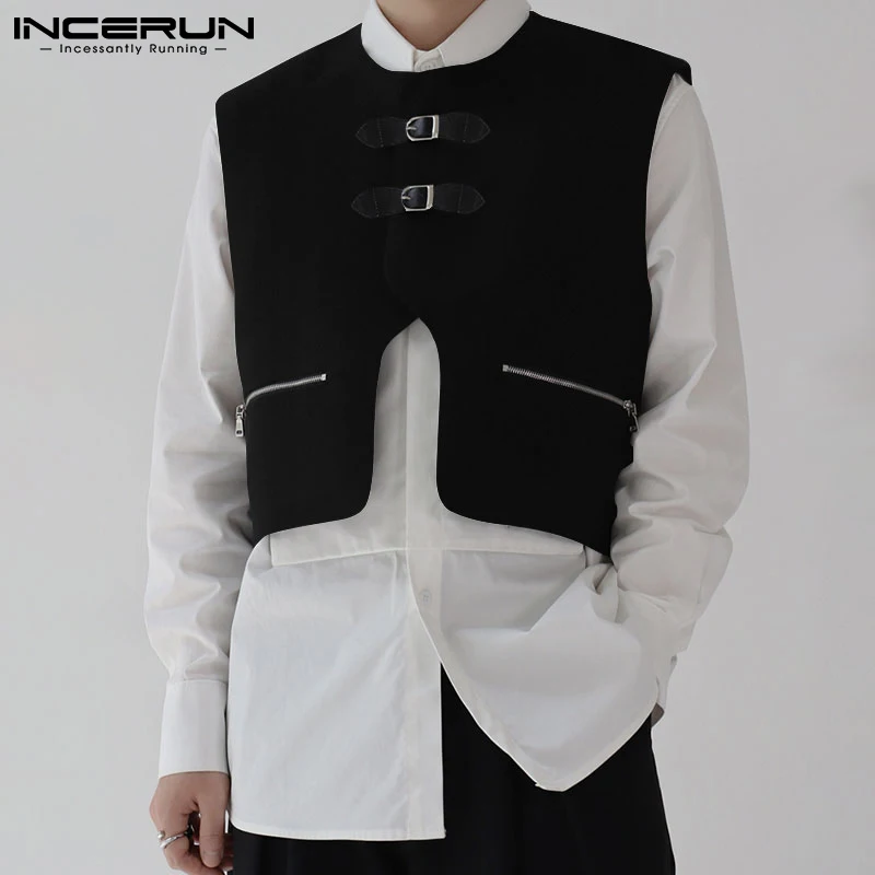 

2022 Men Vests O-neck Sleeveless Button Patchwork Zipper Personality Crop Tops Streetwear All-match Casual Men Waistcoat INCERUN