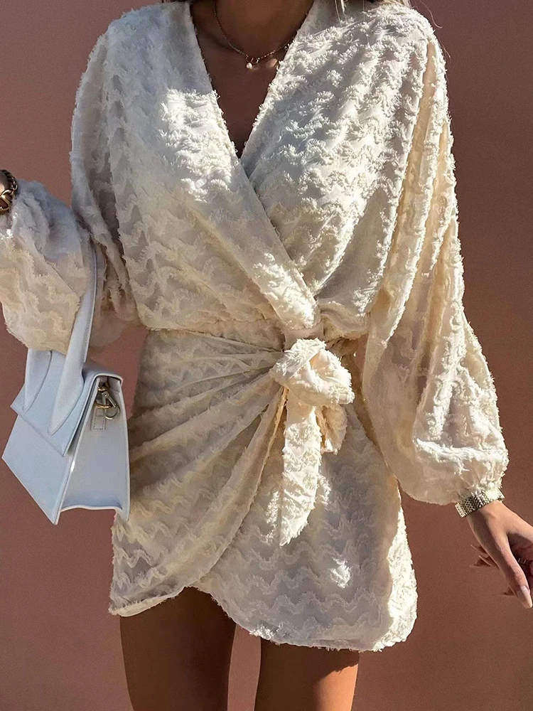 

Соблазнительное облегающее платье с V-образным вырезом и длинным рукавом с буфами, весна-лето, элегантное однотонное вечернее платье на шну...