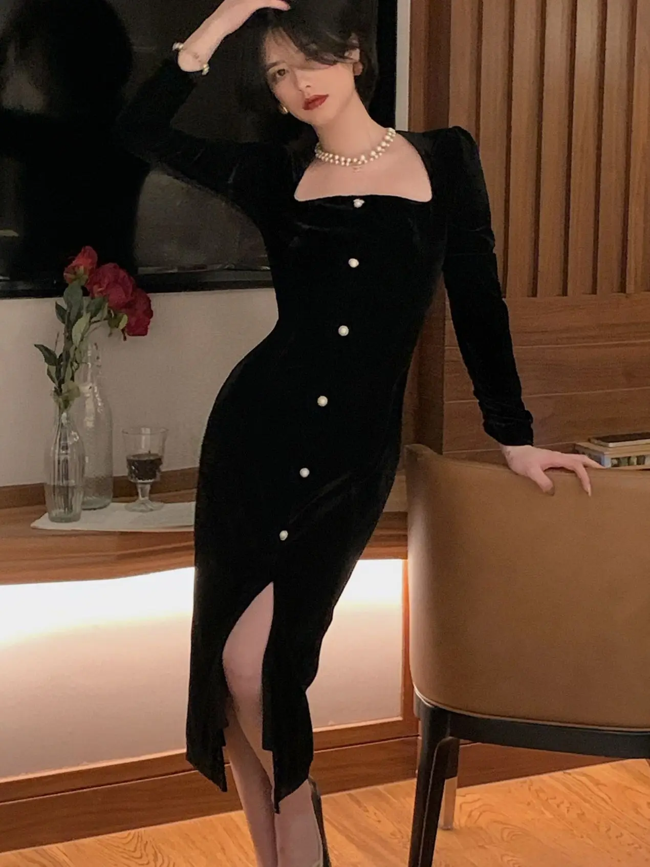 

Женское бархатное платье средней длины, черное элегантное винтажное вечернее платье с бархатной подкладкой, Повседневная модная одежда, но...