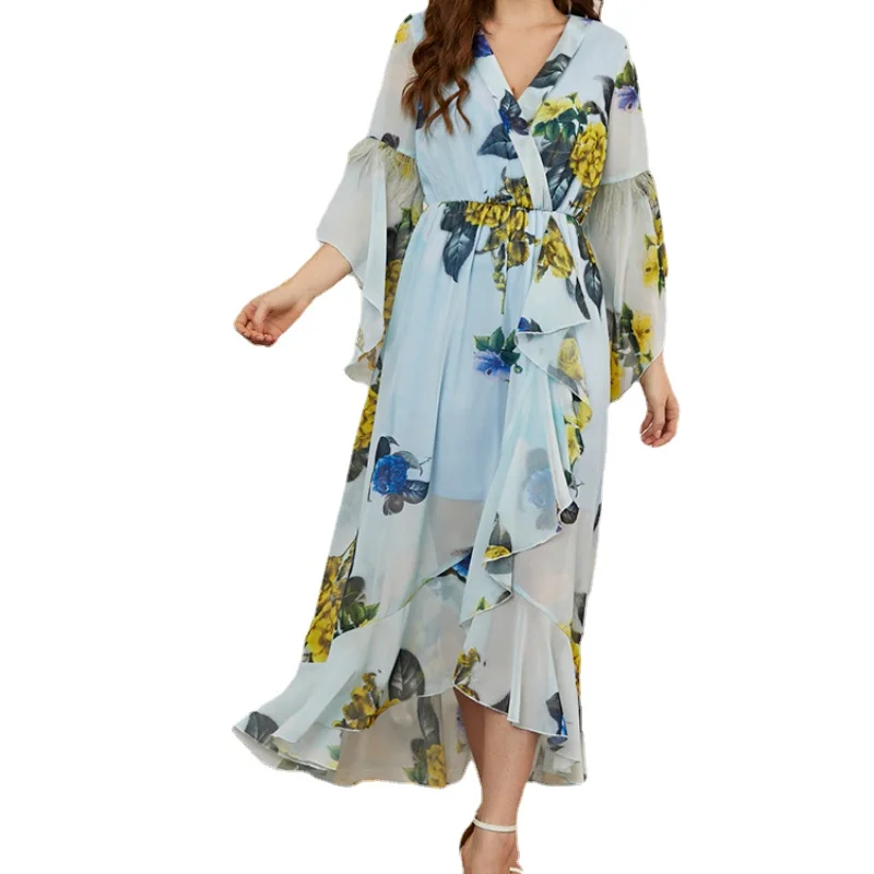 

Women's Casual Maxi Long Dresses 2022 Summer Chic Elegant Ruffled Floral Print Turkish African Evening Party Robe Vestido