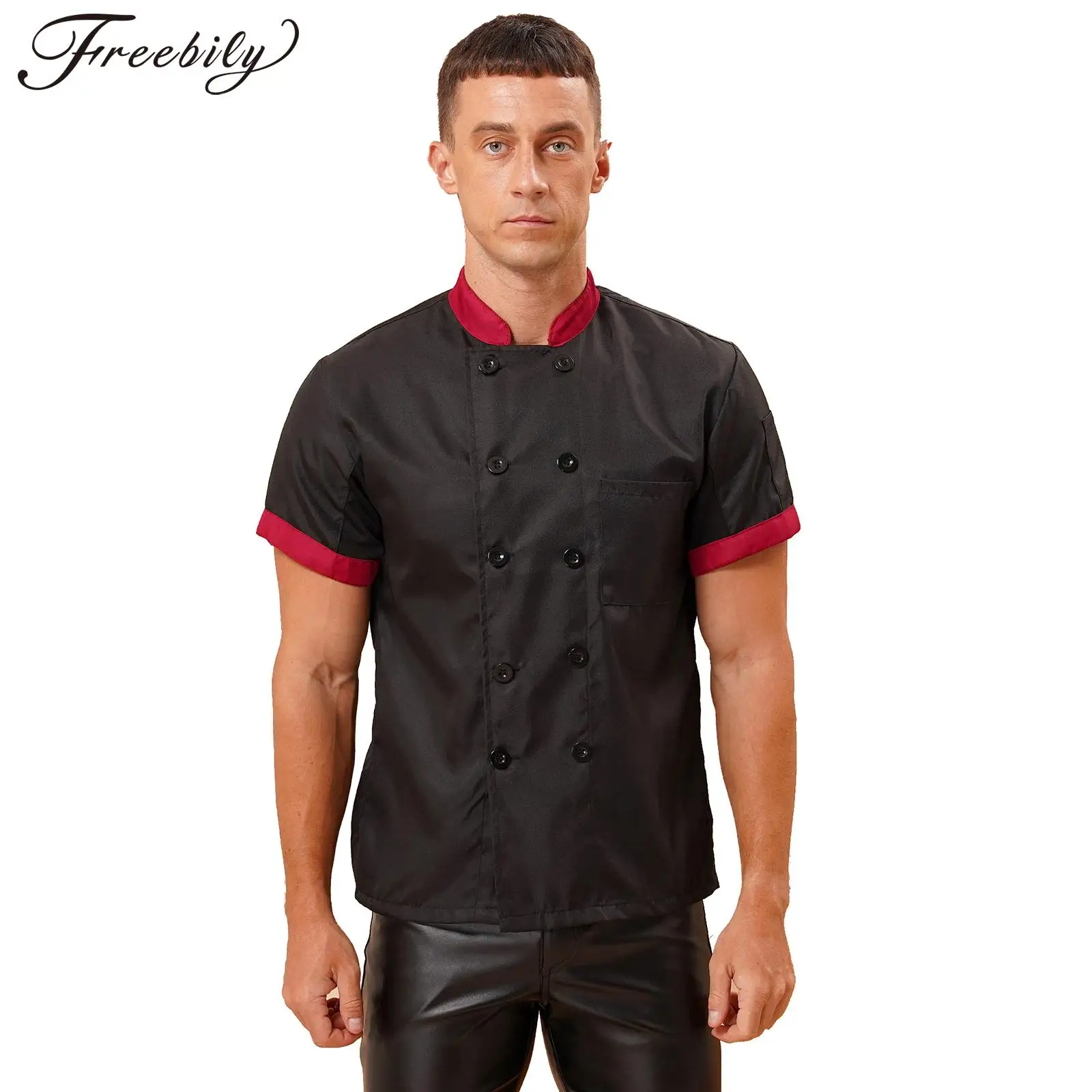 Мужская и Женская куртка шеф-повара контрастных цветов воротник-стойка пальто